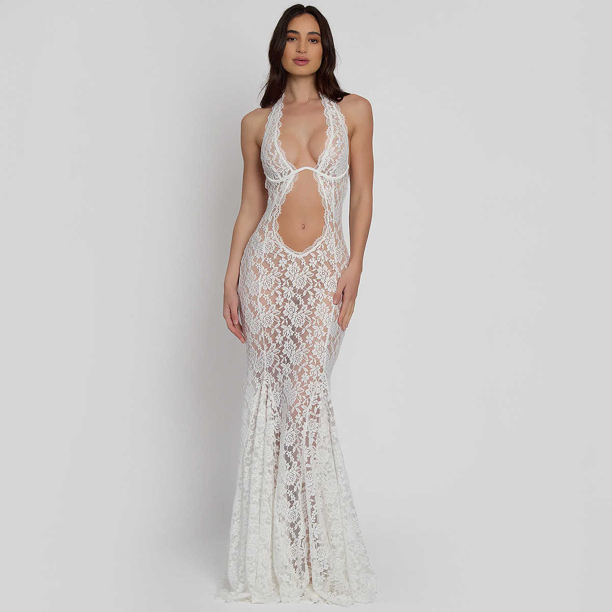Sexy Sheer Lace Halter Dress Women Cut-Out Mermaid Gown