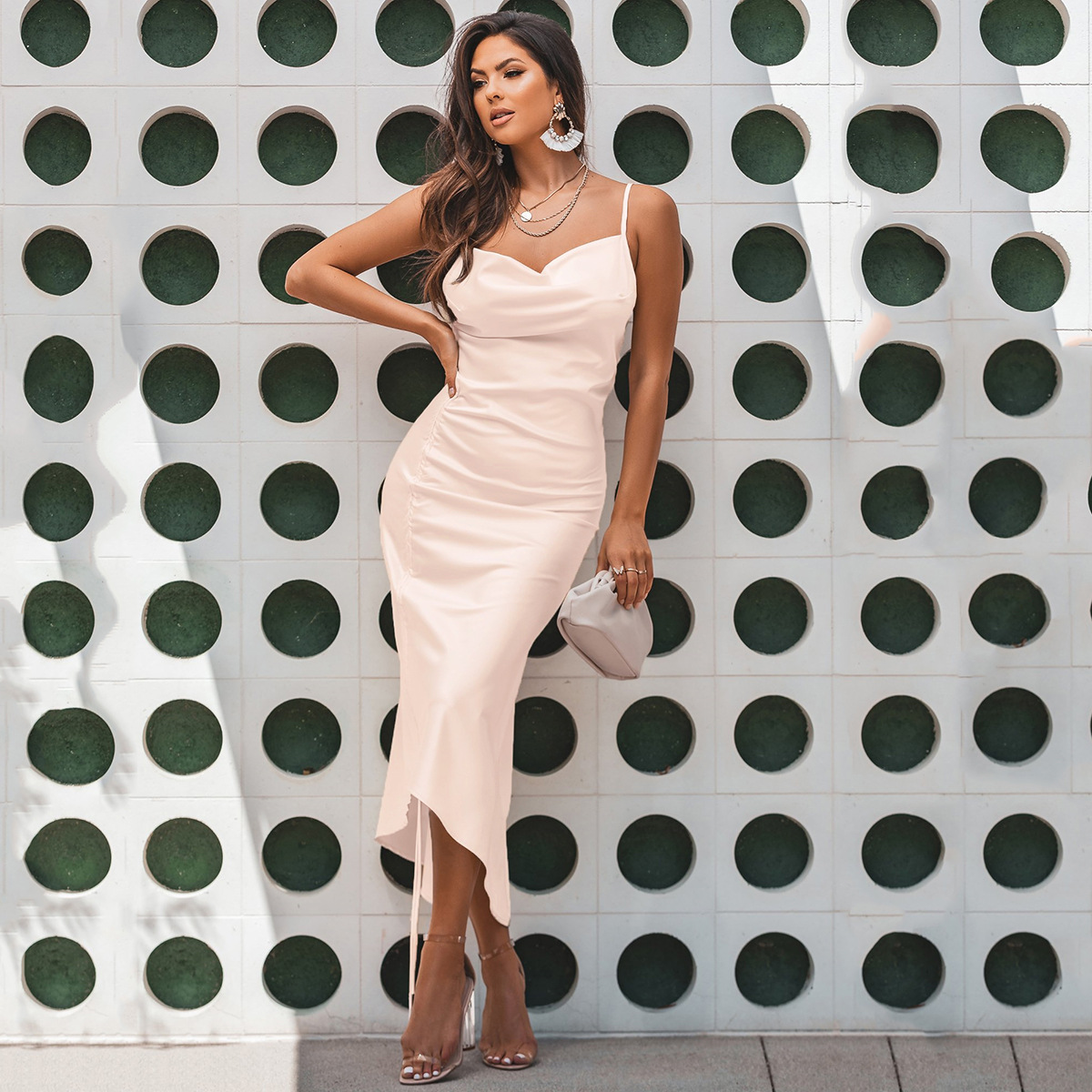 Sexy Backless Ruched Bodycon Dress Women High Slit Spaghetti Strap Dress