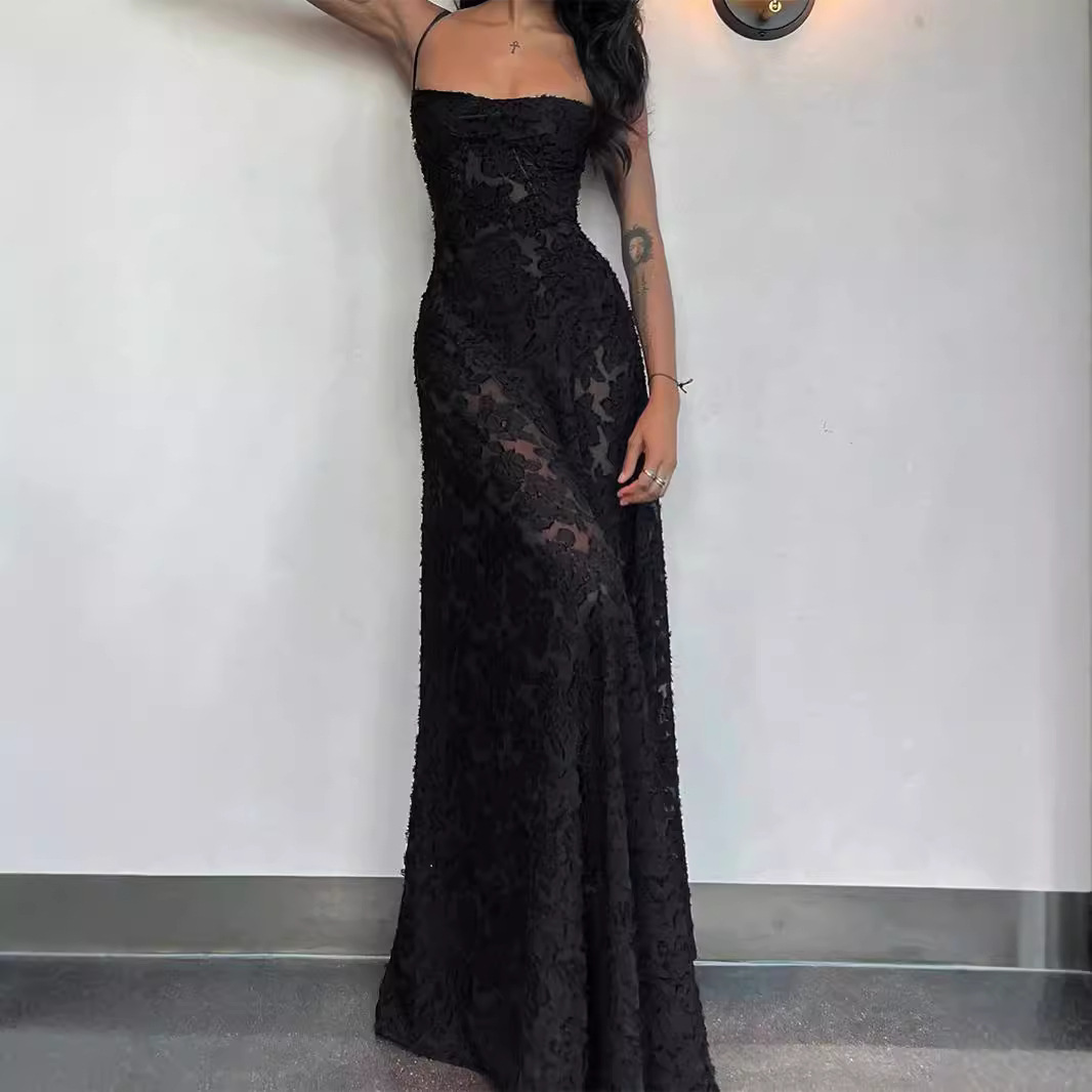 Elegant Sheer Lace Maxi Dress Women Sexy Backless Evening Gown