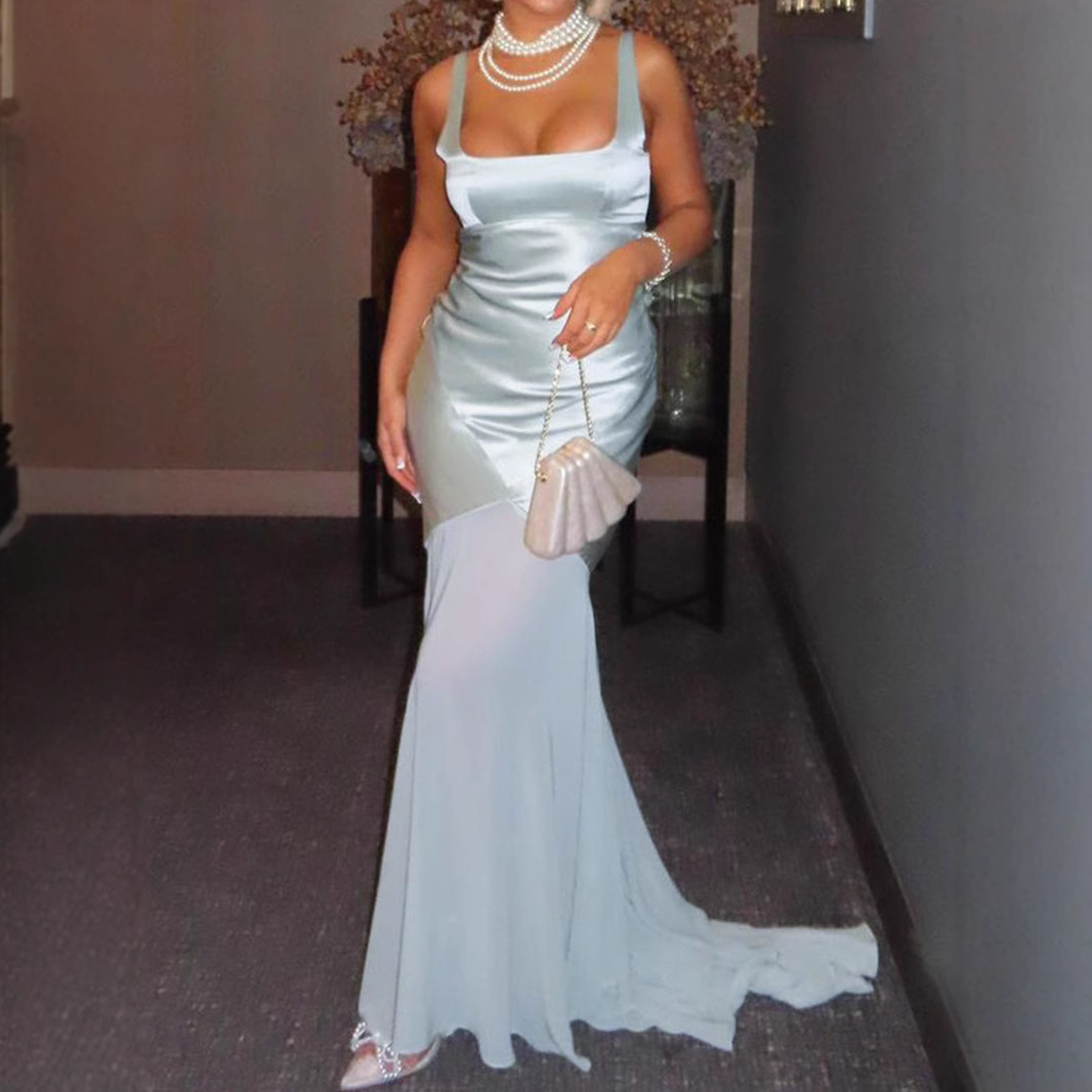 Elegant Satin & Chiffon Gown Women Sleeveless Bodycon Maxi Dress
