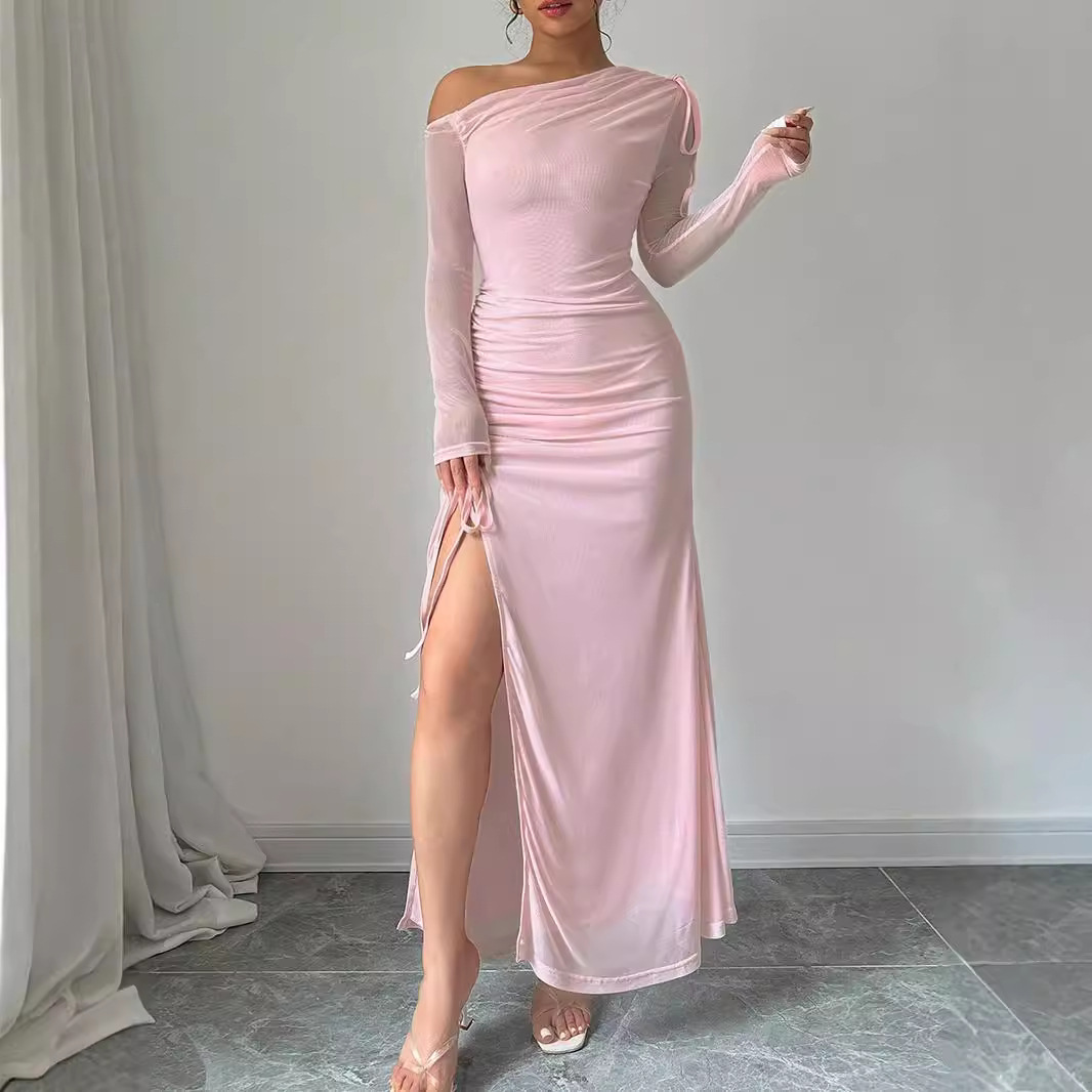 Elegant One-Shoulder Mesh Long Sleeve Maxi Dress Women Chic Ruched Evening Gown