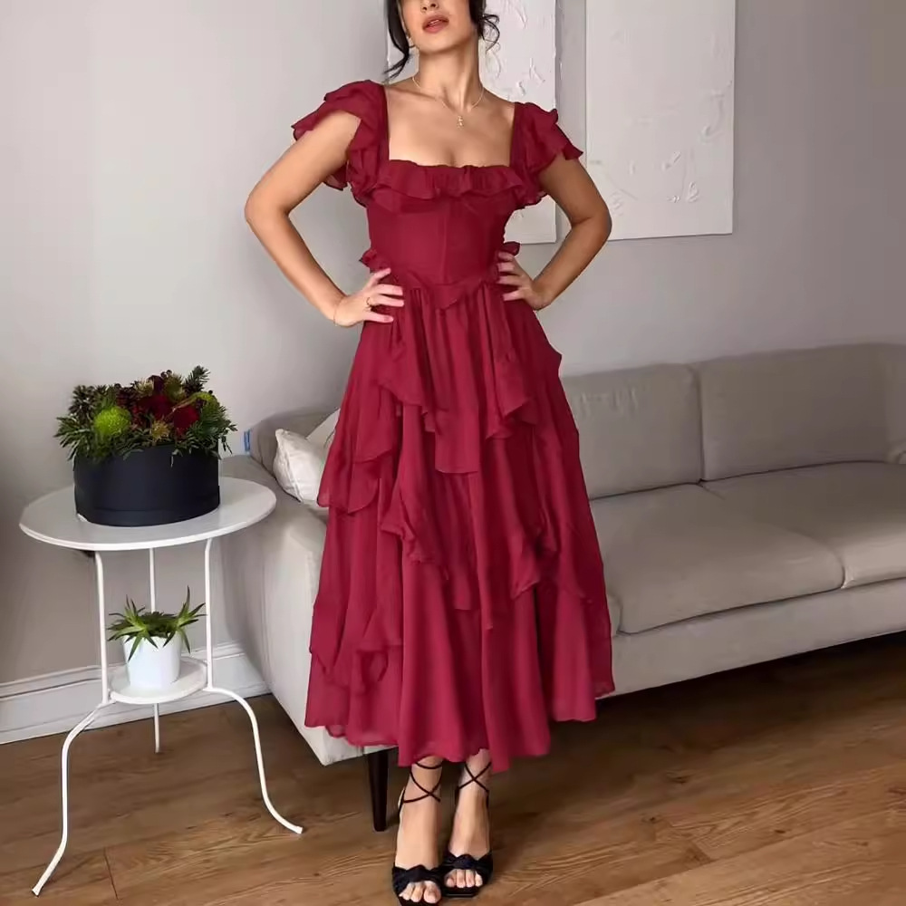 Ruffled Backless Maxi Dress Women Lace Detail Vacation Dress