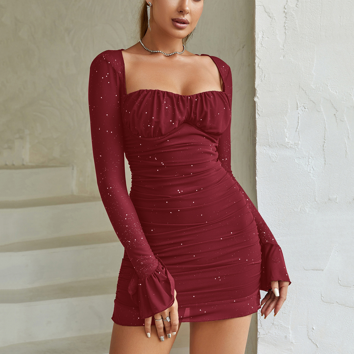 Sequin Corset Backless Mesh Dress Women Sexy Long Sleeve Bodycon Party Dress