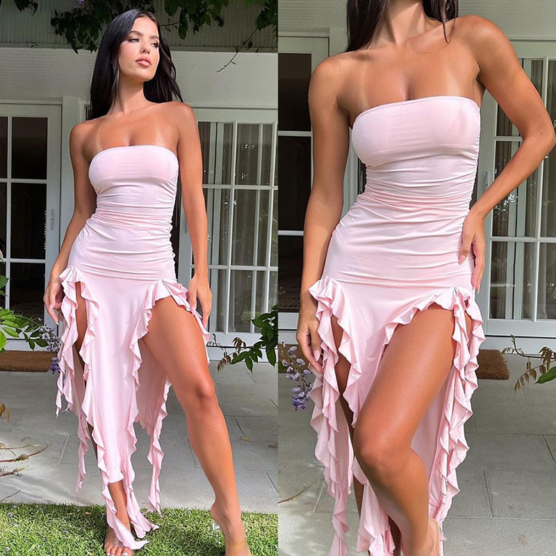 Strapless Ruffle High-Slit Dress Women Sexy Bodycon Off-Shoulder Maxi Dress