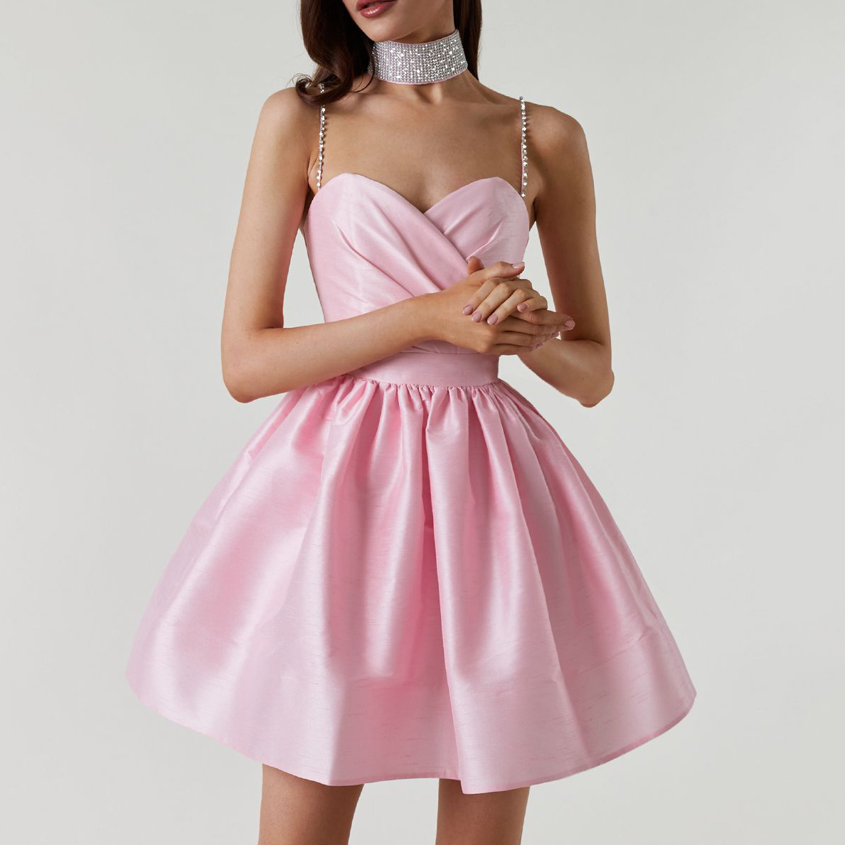 Ruched Satin Mini Dress Women Elegant Rhinestone Strap Gown