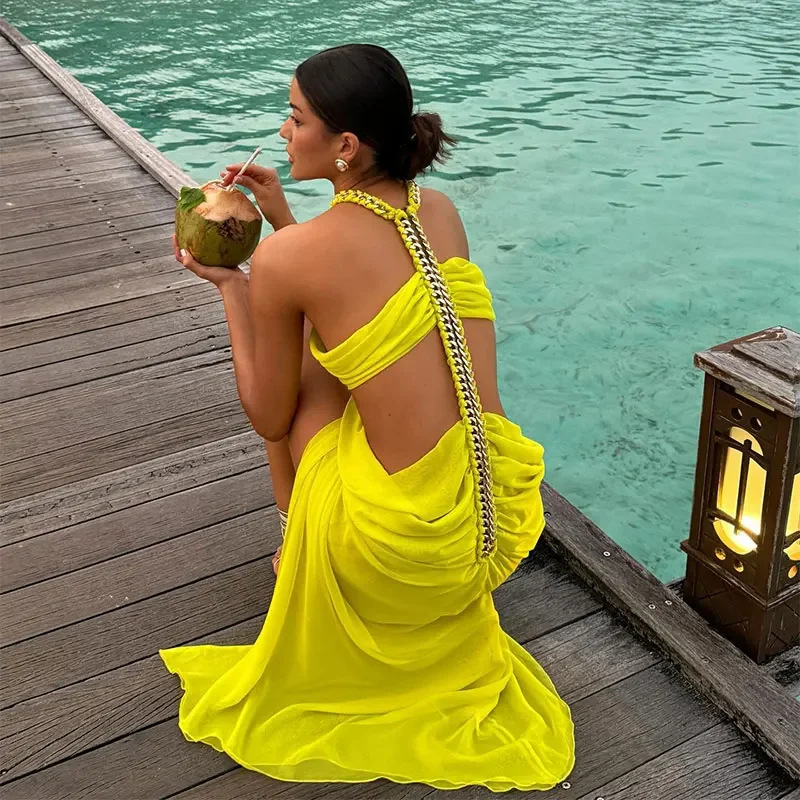 Cutout Halter Maxi Dress Women Sexy Chain High-Slit Gown