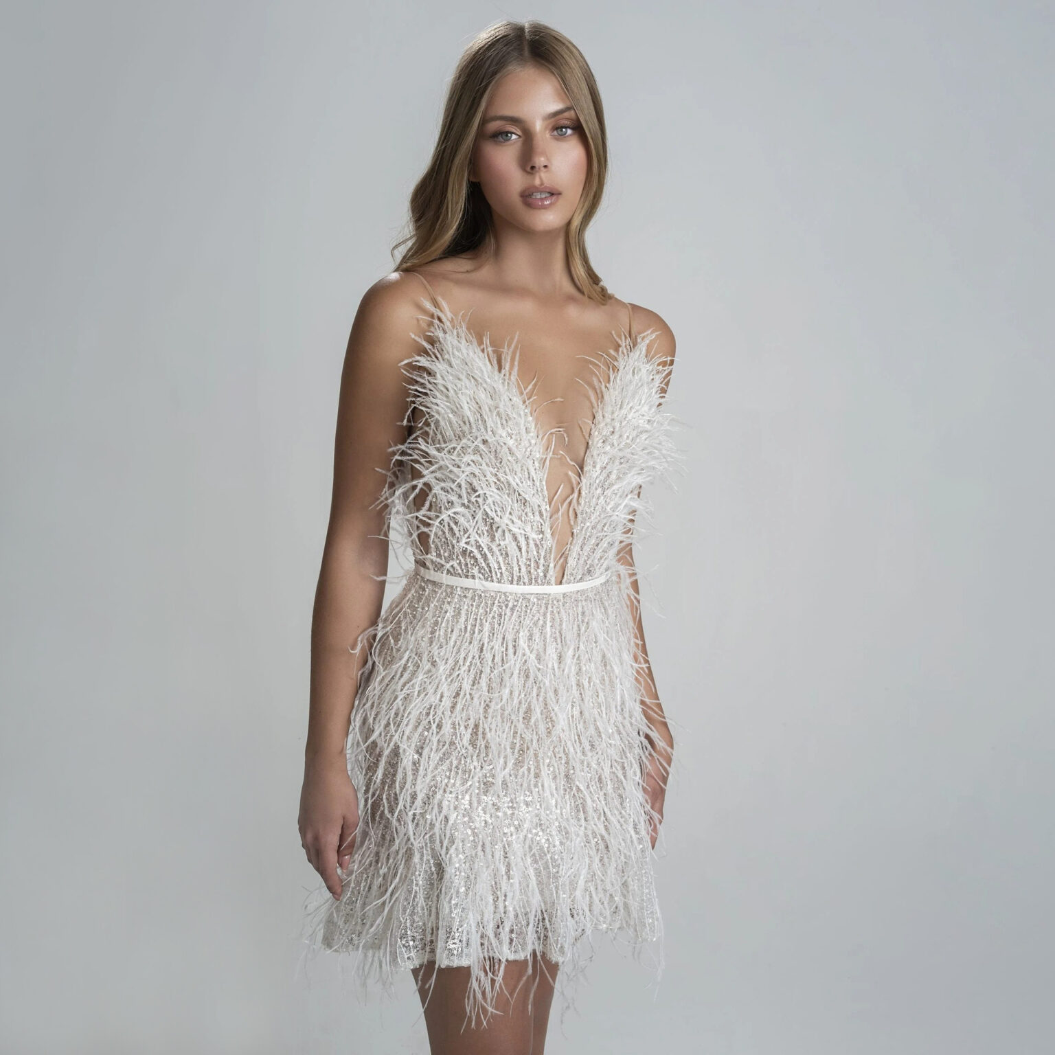 Glamorous Feather Mini Dress Women Deep V Backless Party Dress