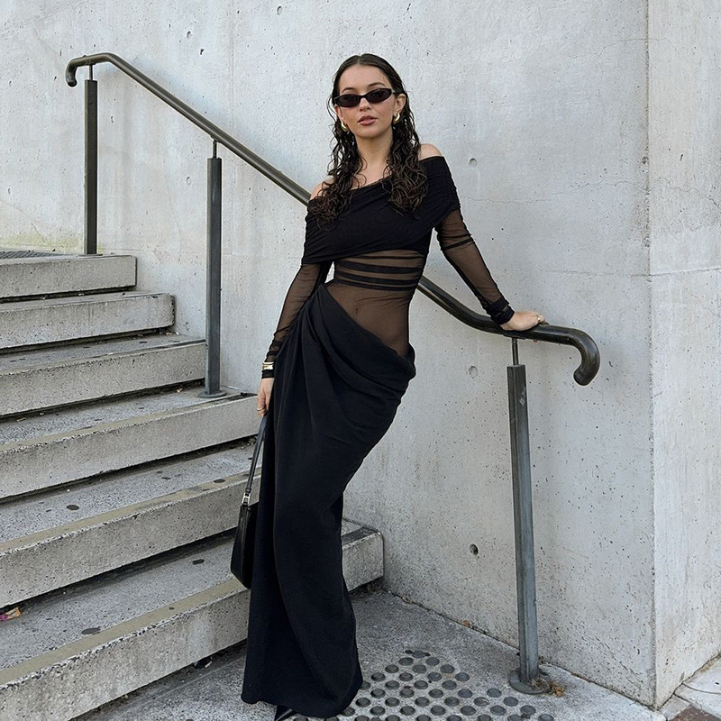 Sheer Off-Shoulder Maxi Dress 
