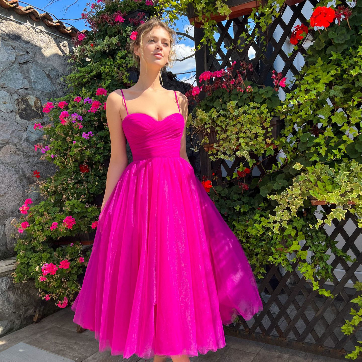 Romantic Tulle Midi Dress Women Spaghetti Strap Gown
