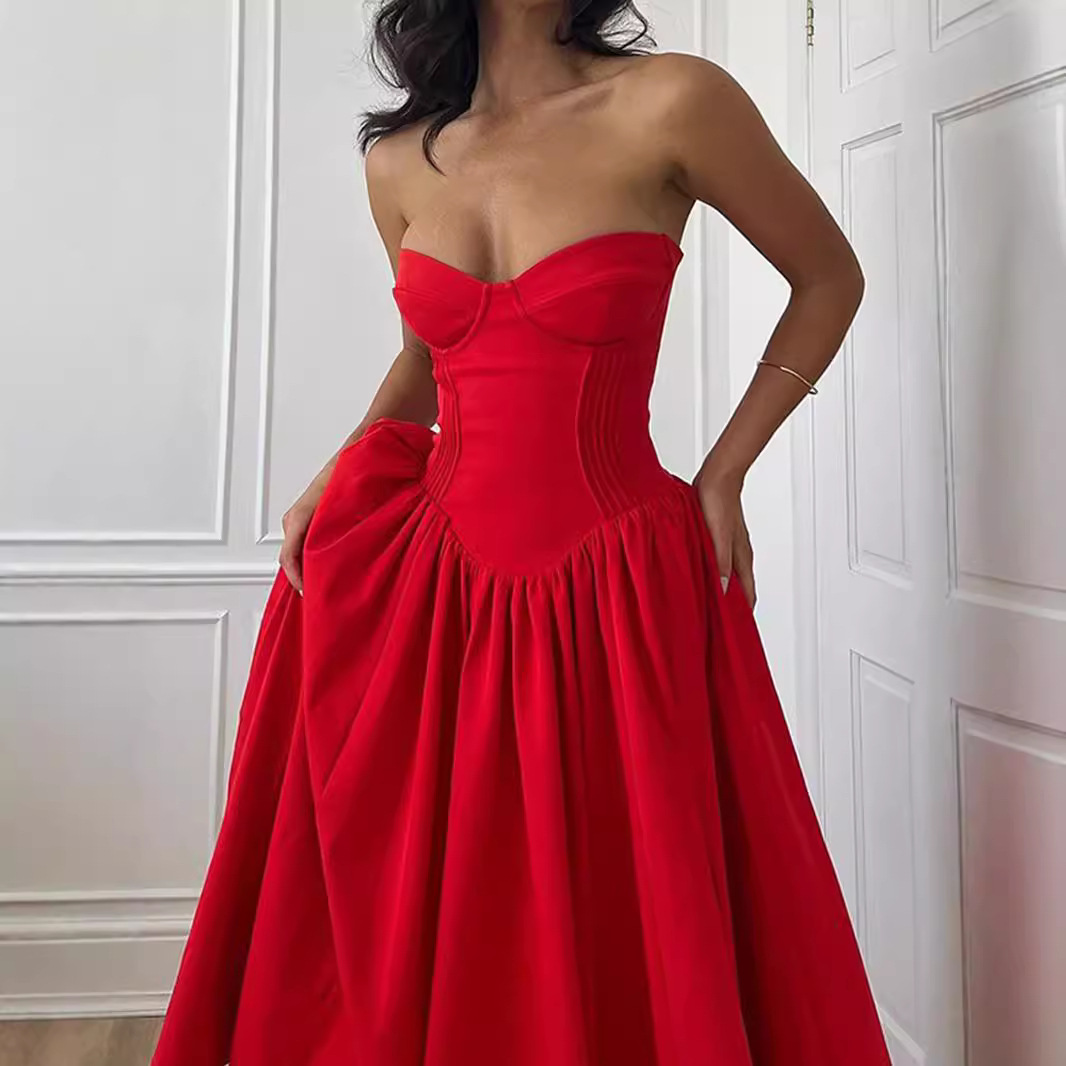 Strapless Corset Midi Dress Women Elegant Backless Flared Dress