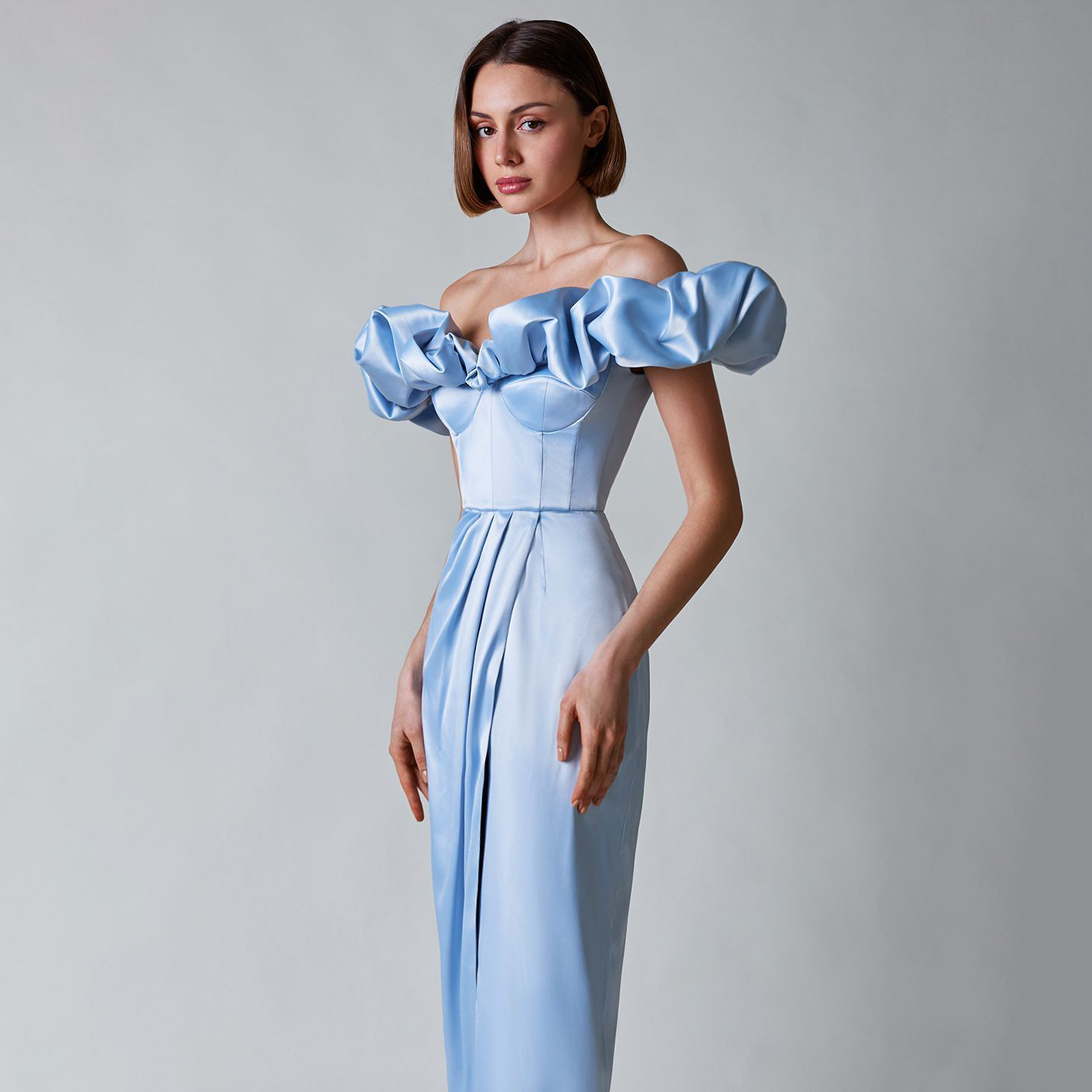 Off-Shoulder Ruffle Gown Women Elegant High-Slit Evening Dress